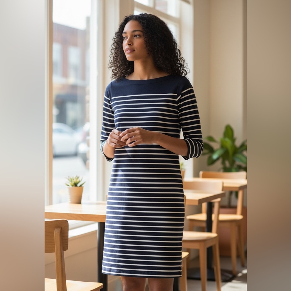 NEW L.L. BEAN Heritage Mariner Dress Striped Navy White Size Small NWT 1666-14